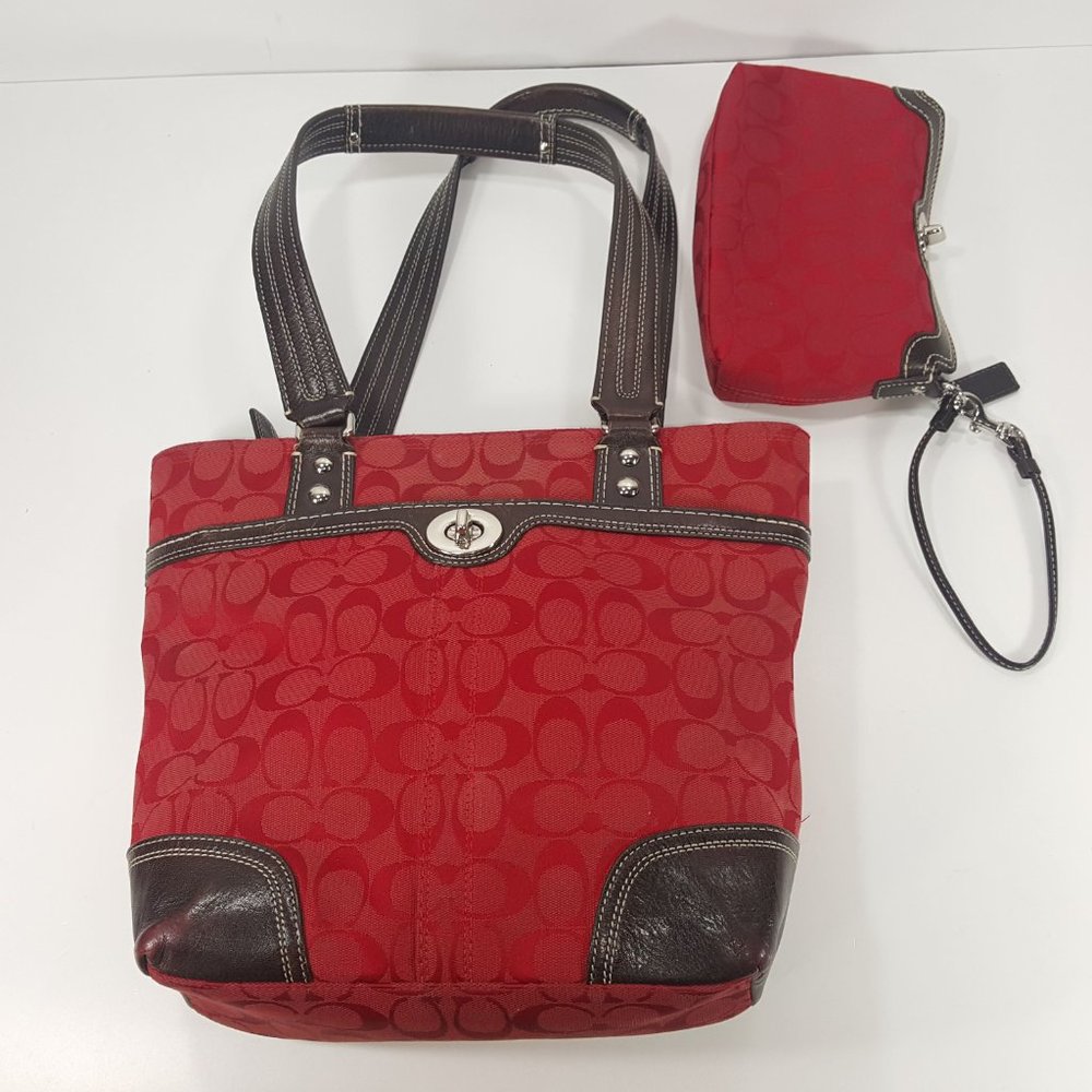 Coach Signature C Canvas Satchel Medium Purse Leather Trim Wristlet Red Hot Red